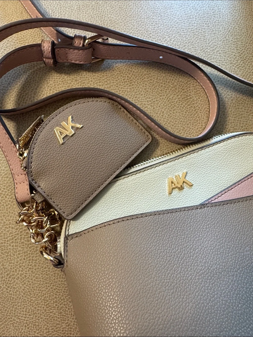 AK Anne Klein Tricolor Pebbled Crossbody Bag in Taupe, Cream & Pink